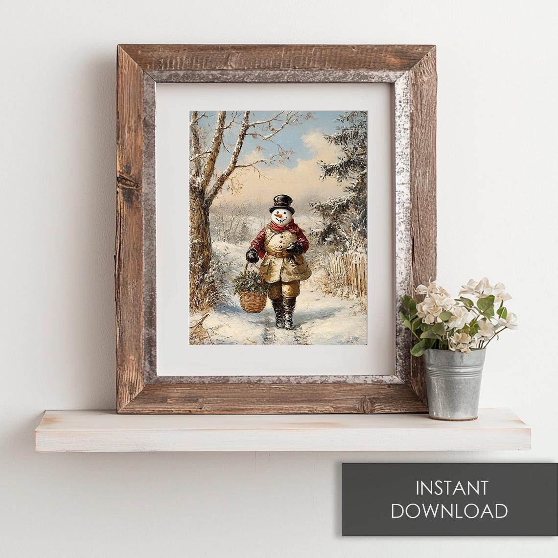 Jolly Snowman In A Top Hat Carrying Greens Along A Snowy Path Poster - Image 6