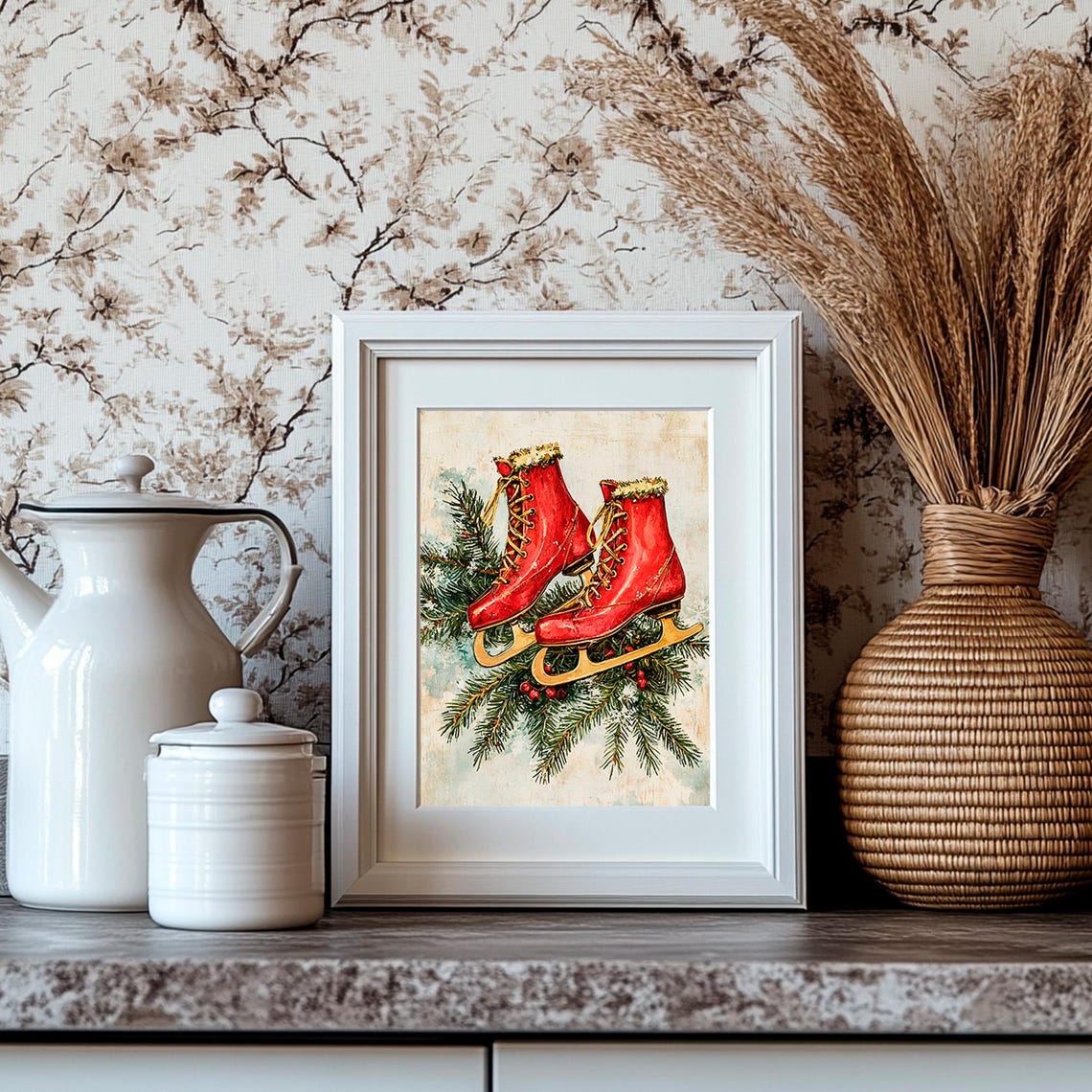 Red Ice Skates Pine Branch Festive Vintage Christmas Wall Art - Image 4