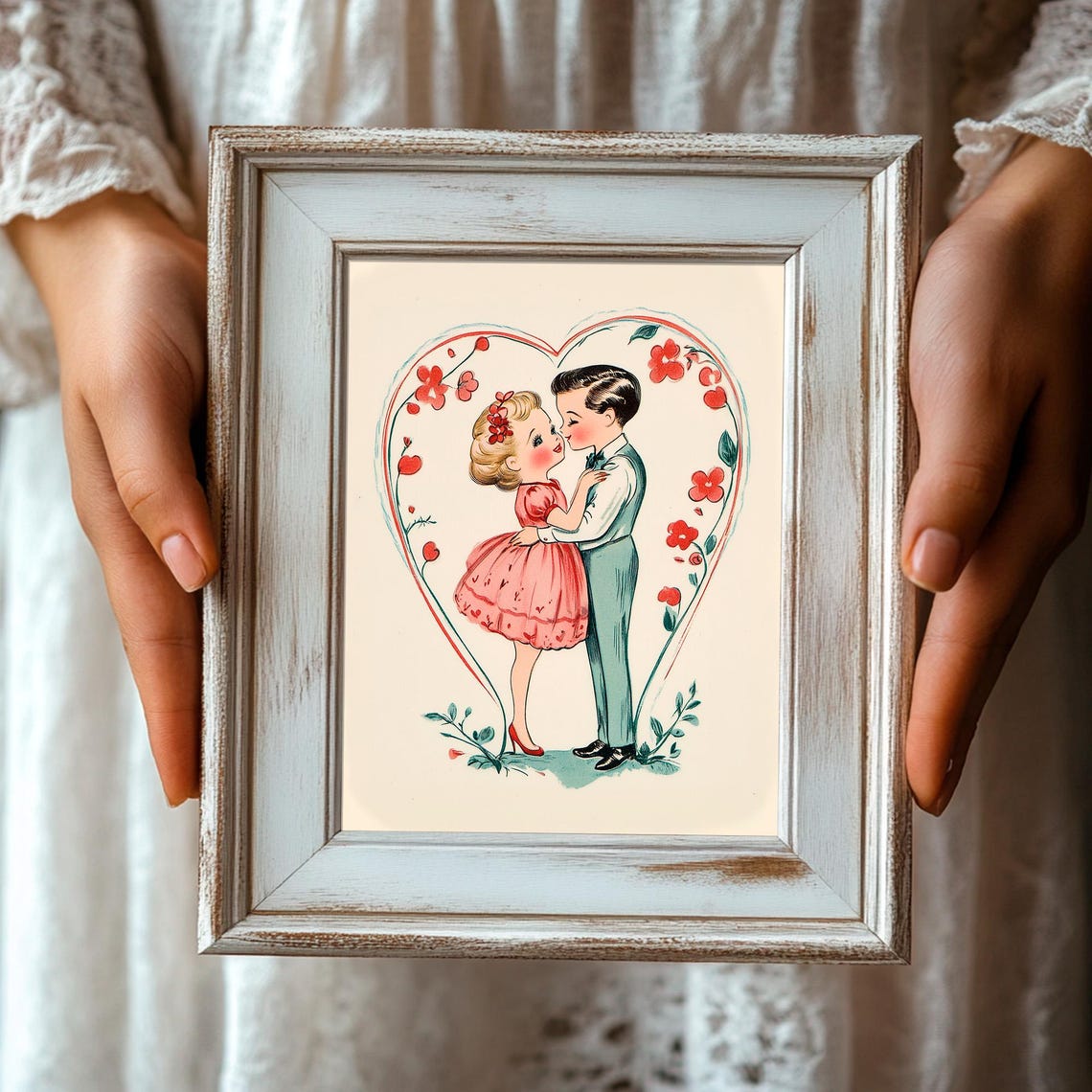 Retro Couple Kissing Inside Floral Heart Vintage Valentines Print - Image 3
