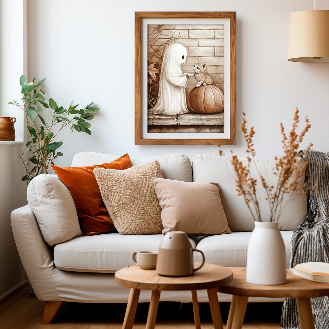 Sweet Ghost Kitten Pumpkin Sepia Vintage Halloween Cat Lover Poster - Image 3