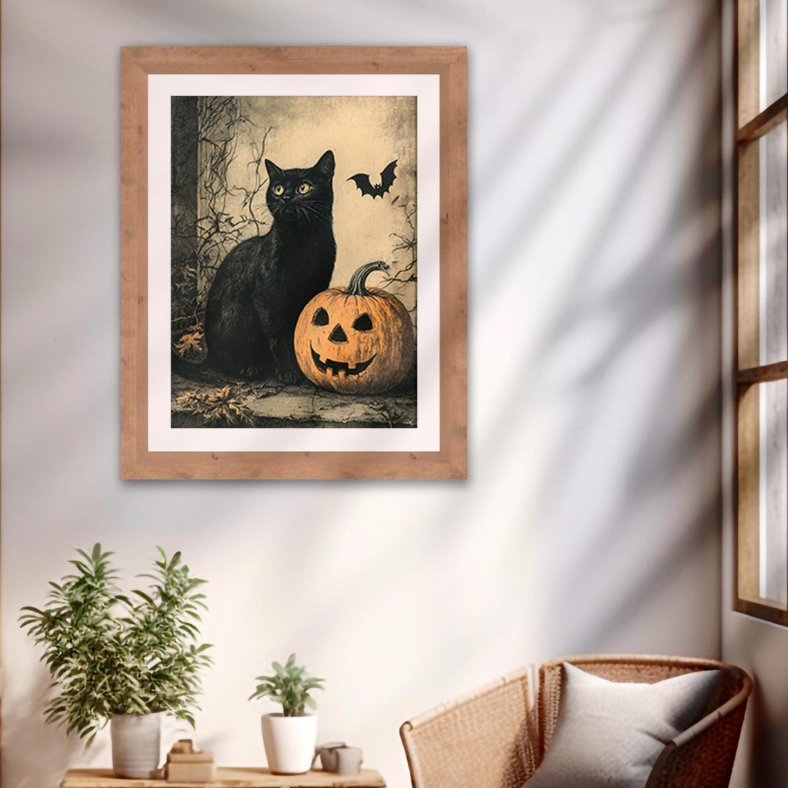 Black Cat Jack O Lantern Bat Vintage Halloween Spooky Art Poster - Image 2