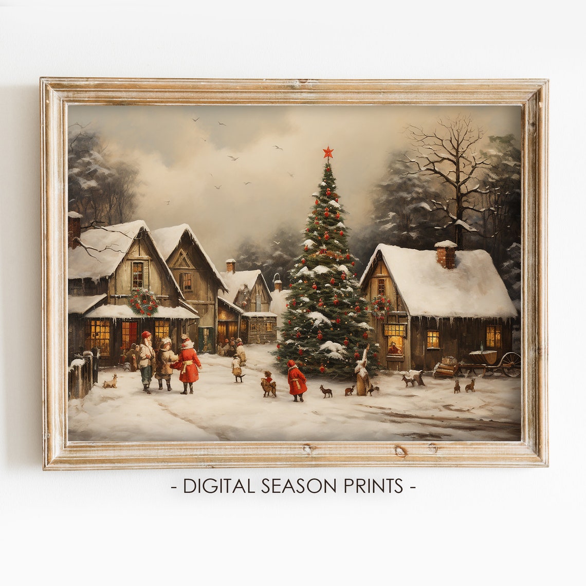 Snowy Christmas Village Square With A Tall Lit Tree Scene Poster