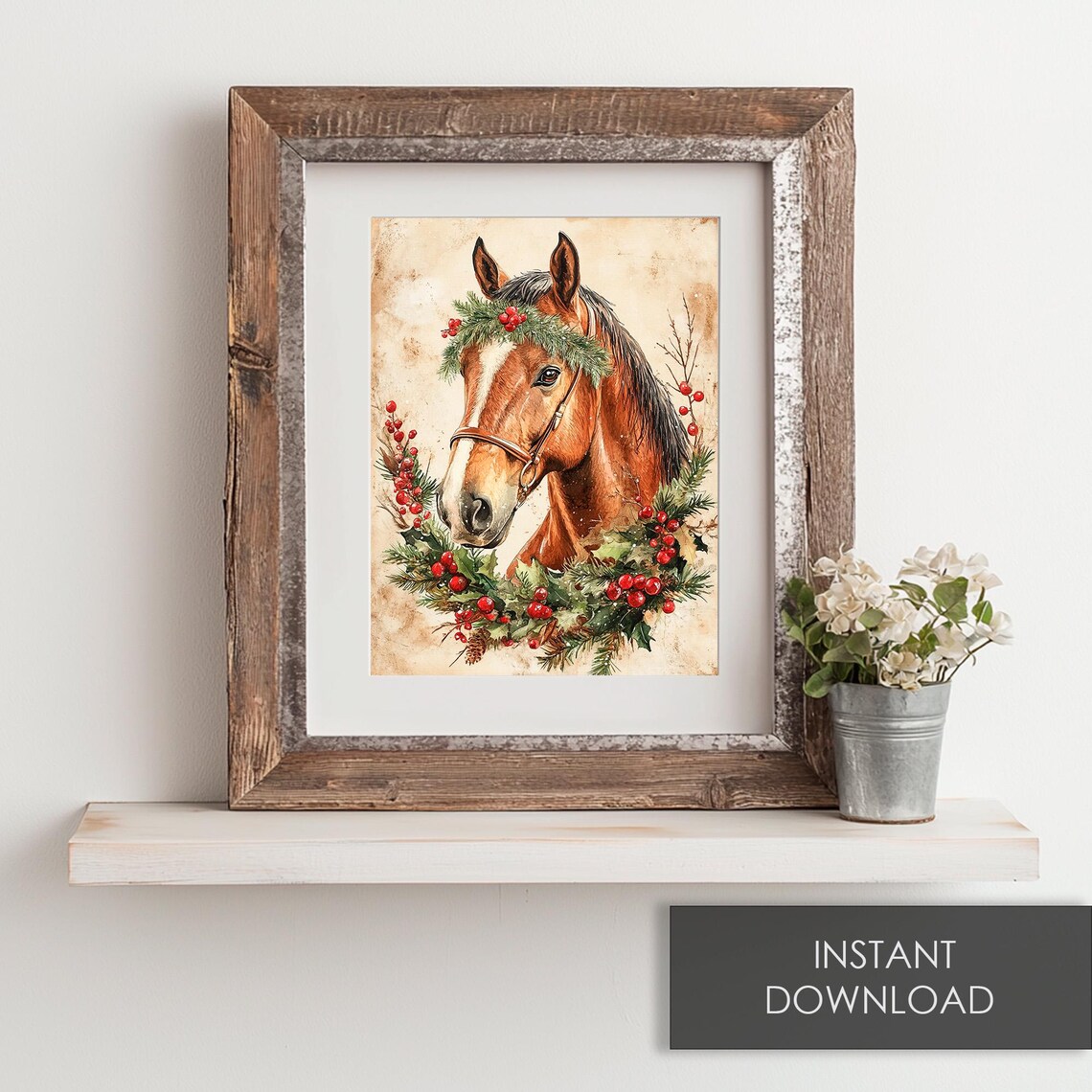 Horse Portrait Wearing a Holly Berry Wreath Watercolor Holiday Poster - Image 6