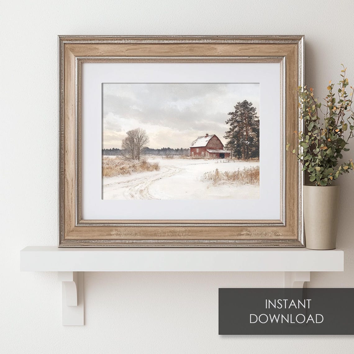 Red Barn in Snowy Winter Field Country Landscape Vintage Poster - Image 6