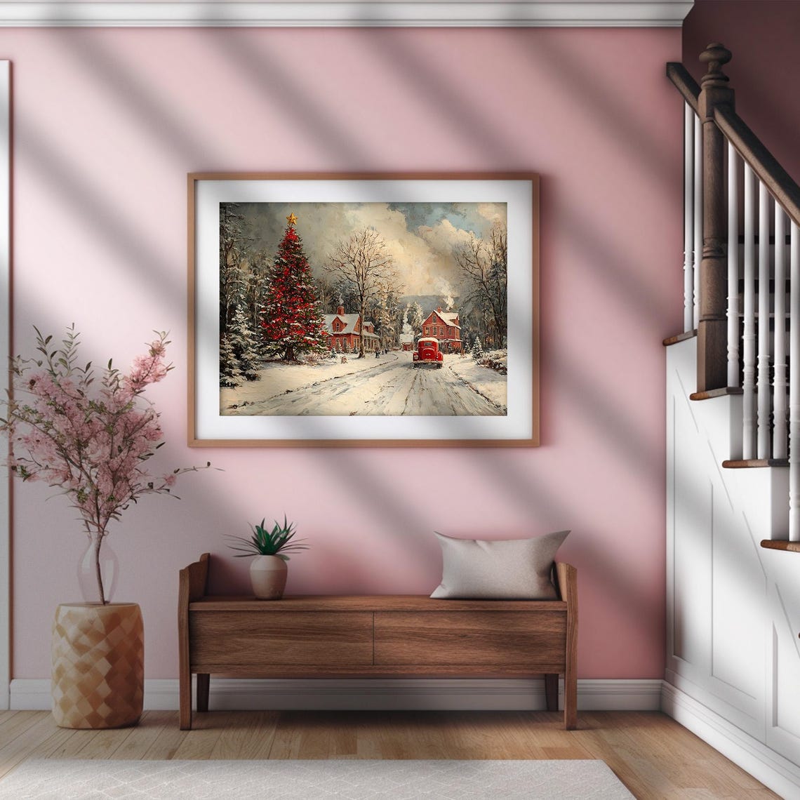 Christmas Tree Town Square with Red Truck Snowy Village Poster - Image 2