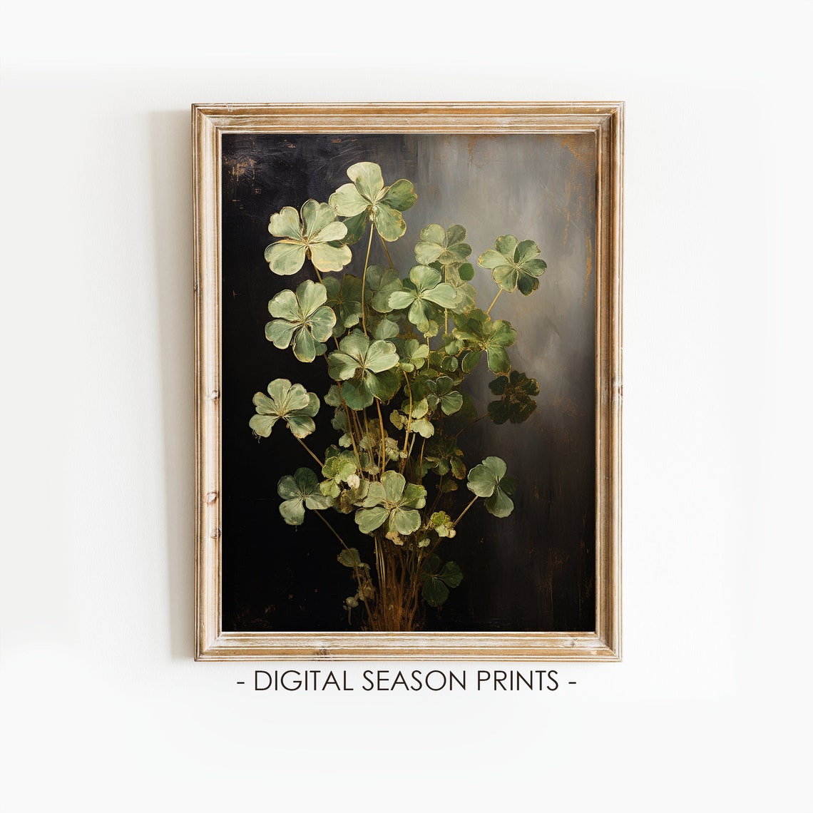 Moody Dark Botanical Shamrock Clover Flower Vintage Painting Poster
