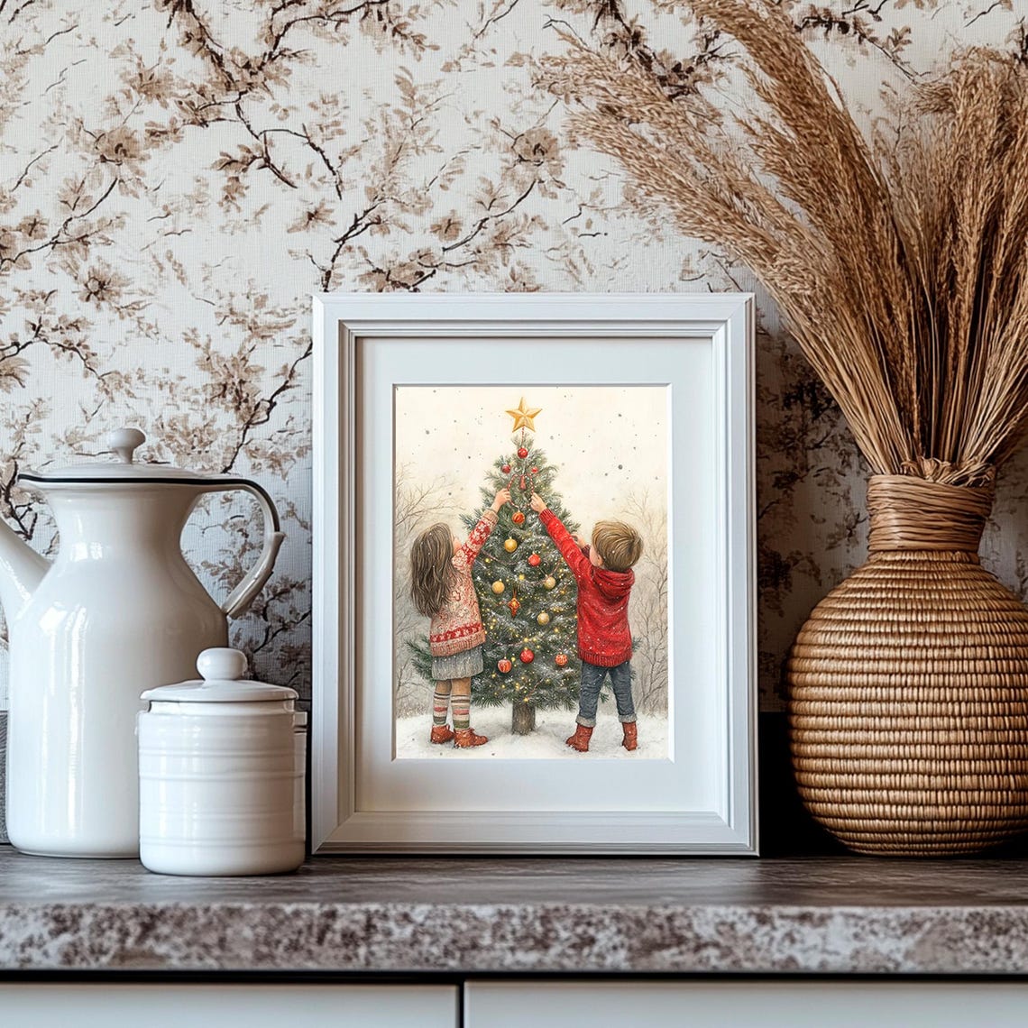 Two Kids Decorating a Christmas Tree in Falling Snow Vintage Poster - Image 4