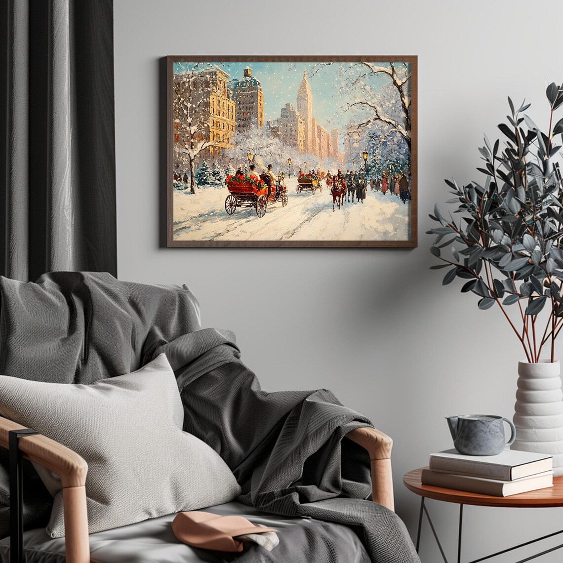 Vintage Snowy City Street Horse Carriages Christmas Painting Poster - Image 4