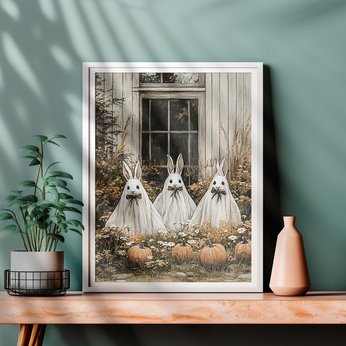 Ghost Sheet Rabbits Pumpkin Patch Vintage Halloween Bunny Costume Poster - Image 4