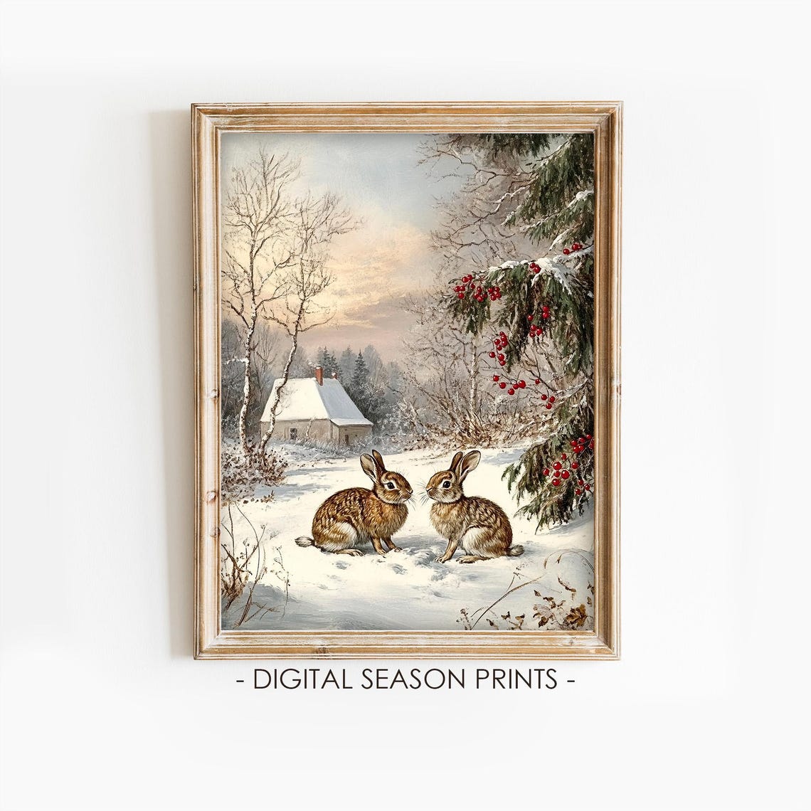 Two Rabbits Sitting Together In A Snowy Winter Woodland Poster