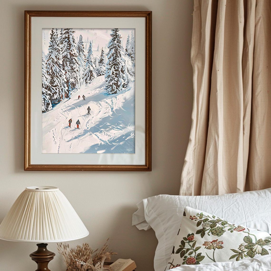Skiers On Snowy Mountain Slope Among Pine Trees Vintage Style Print - Image 5