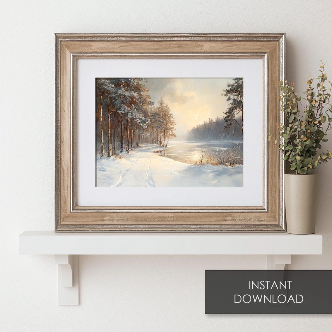 Snowy Winter Forest Pond Landscape Sunrise Oil Painting Wall Art - Image 6