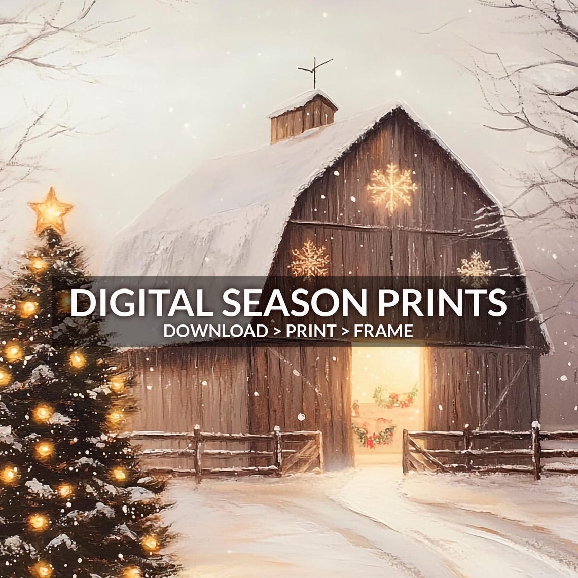 Glowing Christmas Barn with Lit Tree in Snow Rustic Holiday Poster - Image 6