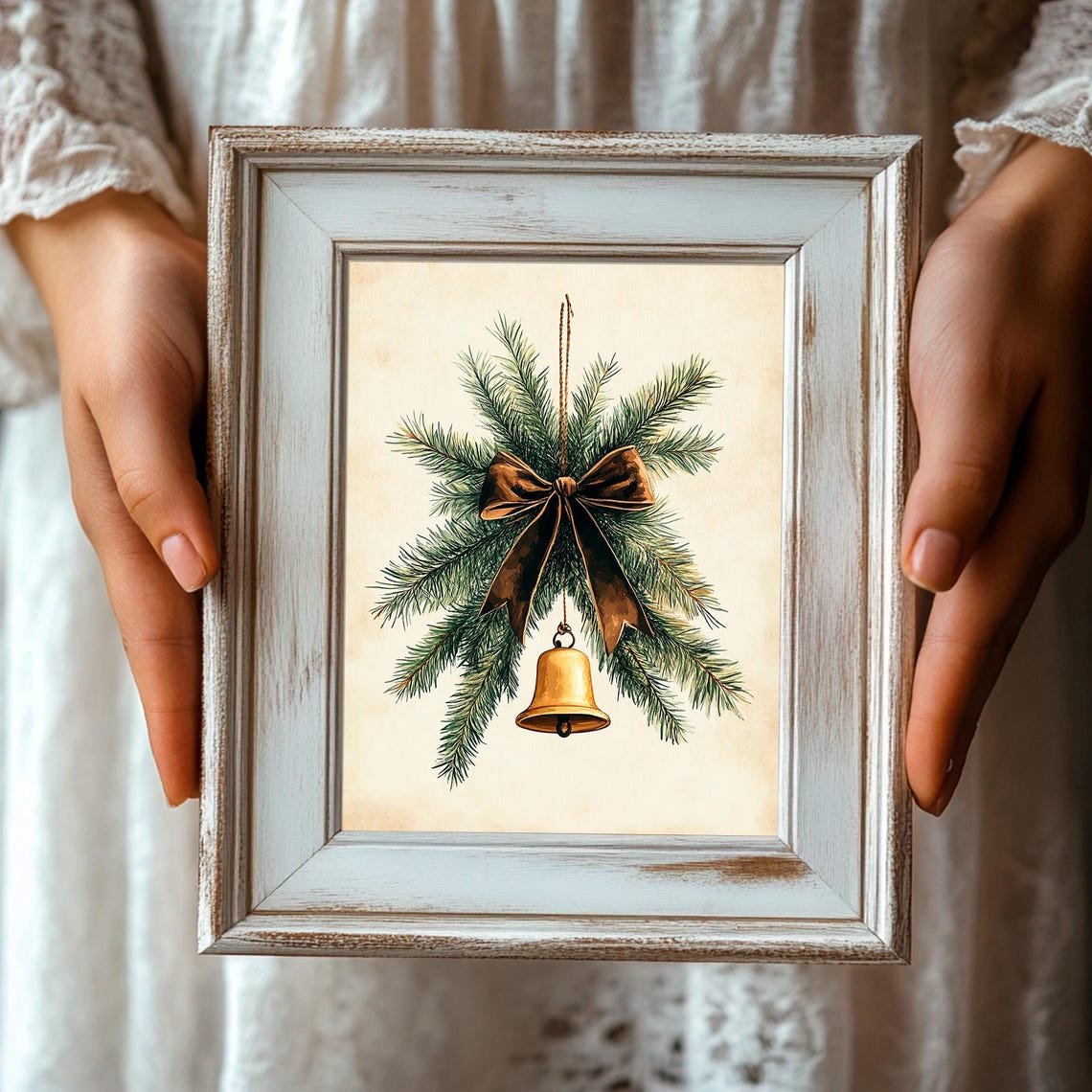Vintage Golden Christmas Bell With Pine Branches And Bow Poster - Image 3