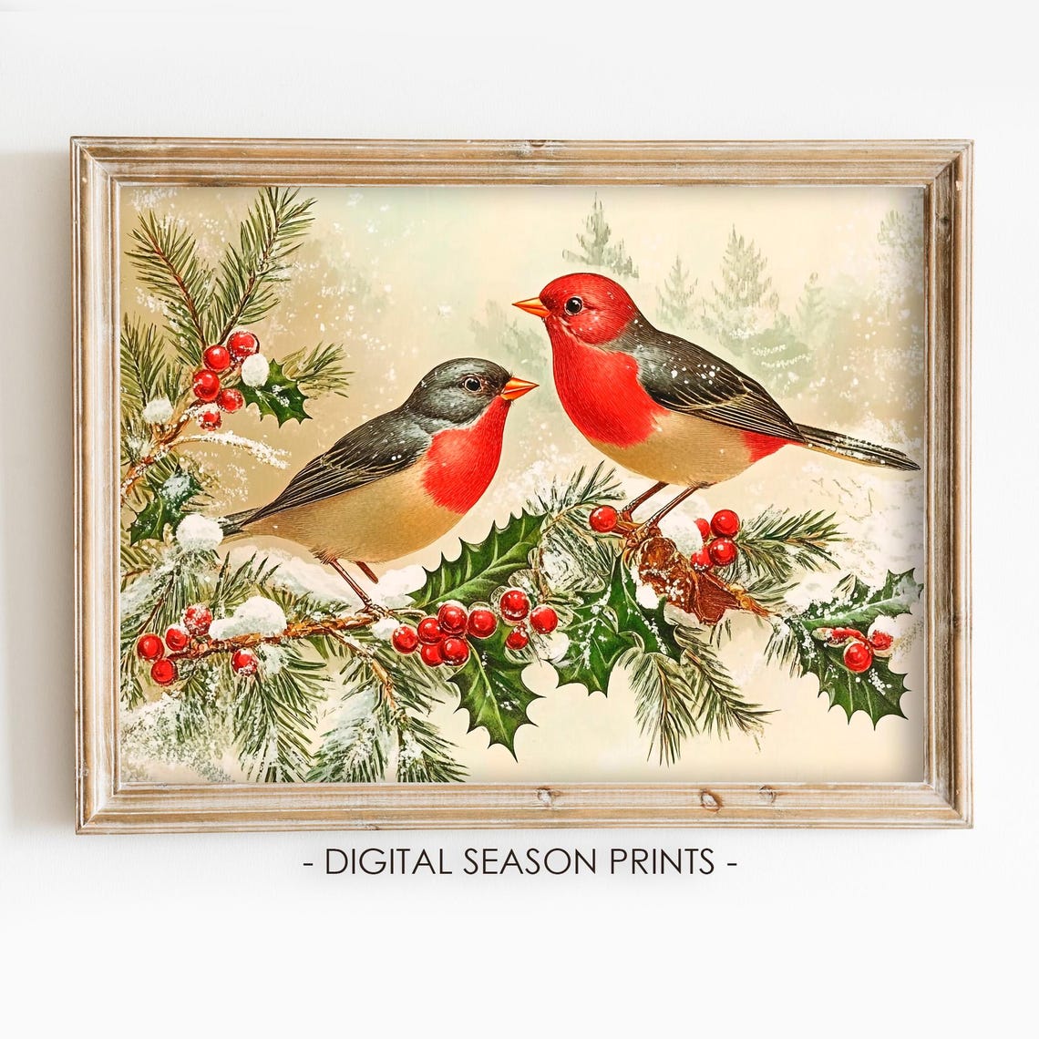 Red Birds on Snowy Holly Berries Winter Cardinal Christmas Poster