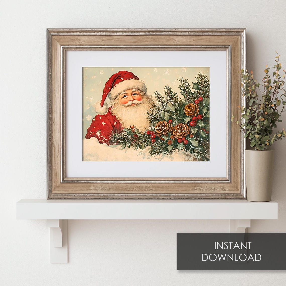Cheerful Retro Santa Claus Christmas Pine Cones Holly Vintage Poster - Image 6