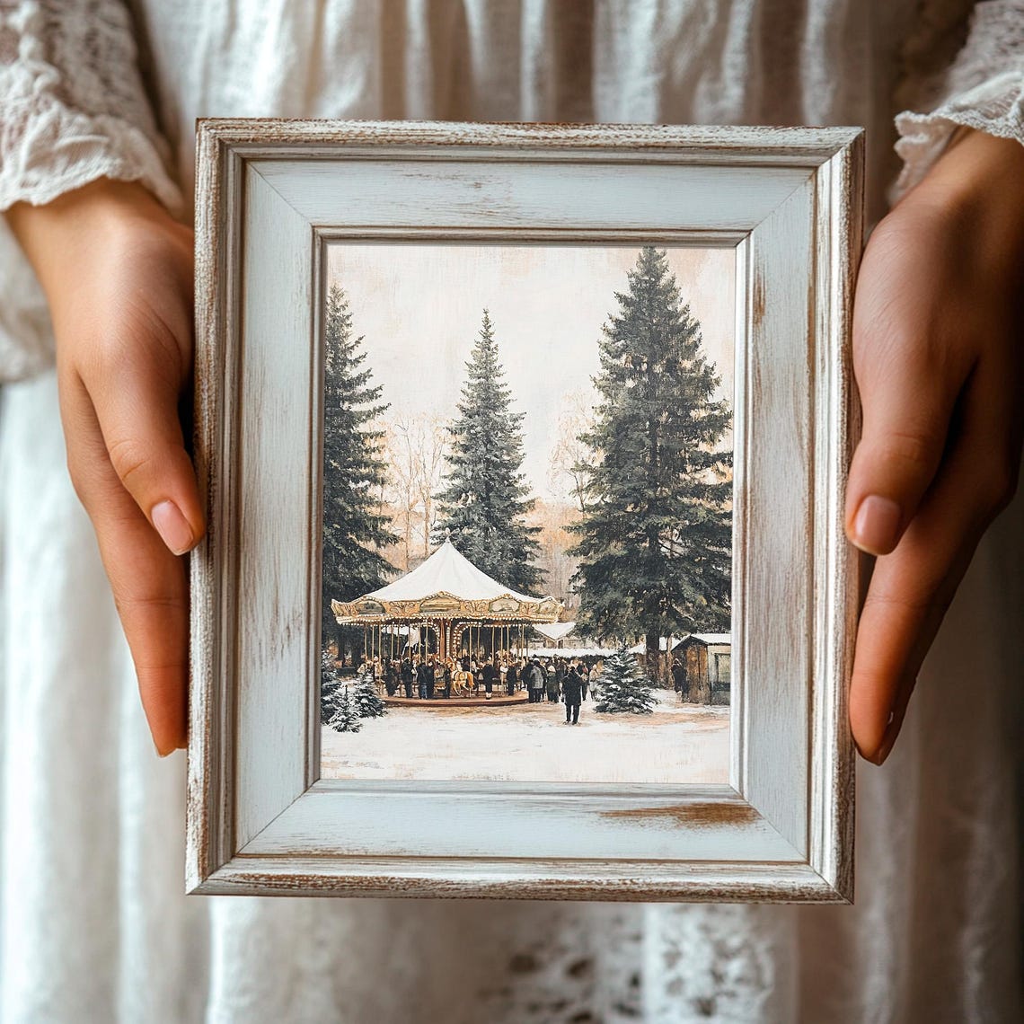Vintage Christmas Carousel Snowy Park Tall Pines Market Poster - Image 3