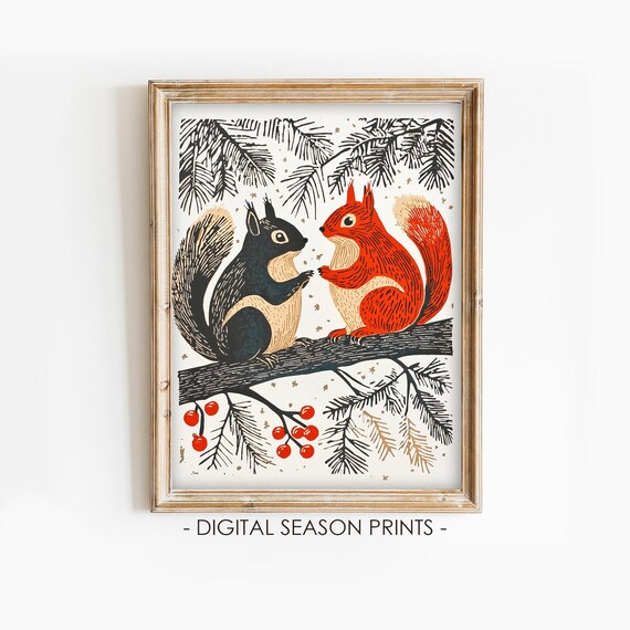 Nordic Folk Art Squirrels Berry Branch Scandinavian Woodland Decor Poster