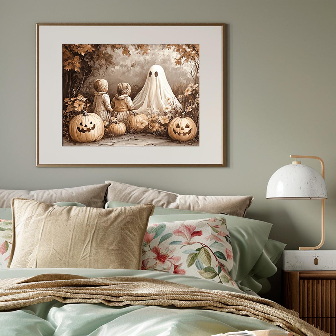 Kids Meet Friendly Ghost Sepia Pumpkin Patch Halloween Night Poster - Image 4
