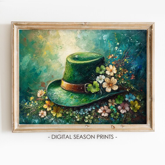 Green Leprechaun Top Hat Shamrock St Patricks Day Oil Painting Print