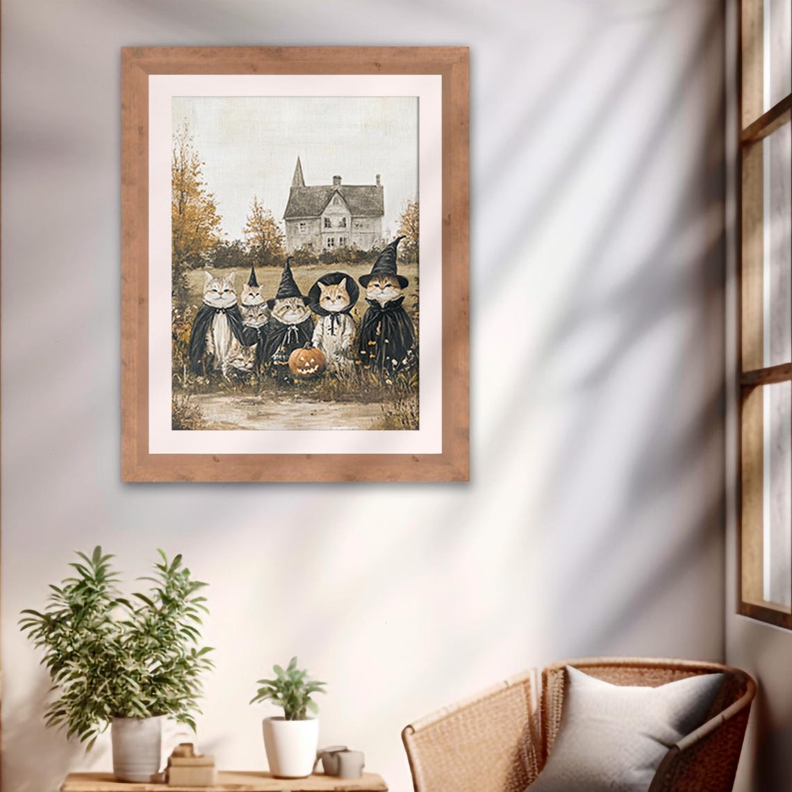 Cats Dressed as Witches with a Jack o Lantern Vintage Halloween Poster - Image 2