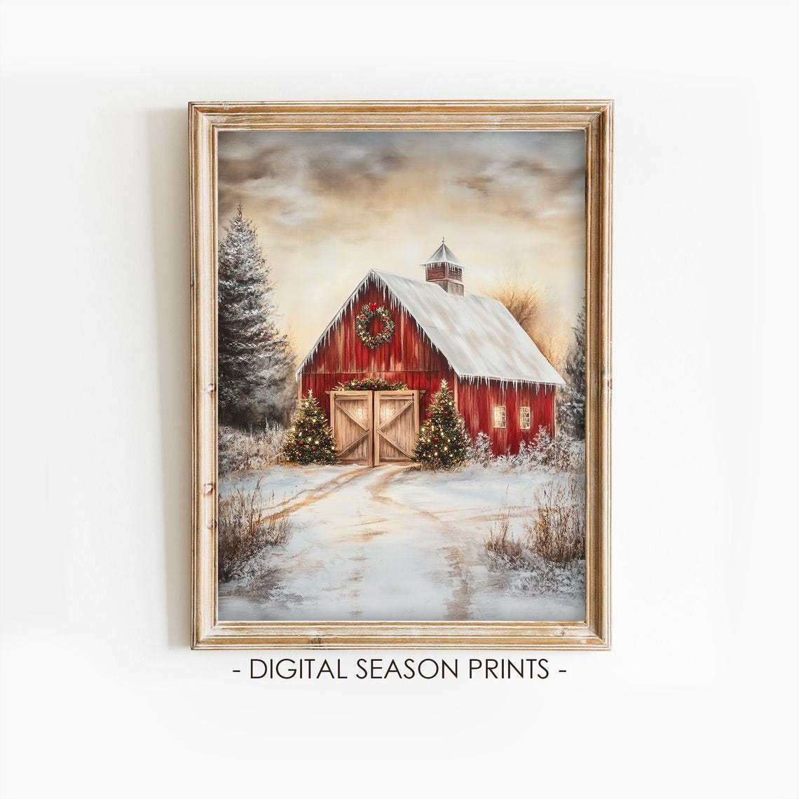 Red Barn Snowy Christmas Farmhouse Winter Wonderland Art Print