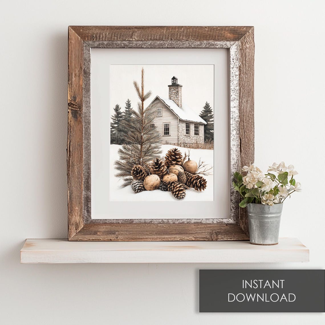 Snowy Cabin Scene With Pinecones Winter Rustic Still Life Poster - Image 6