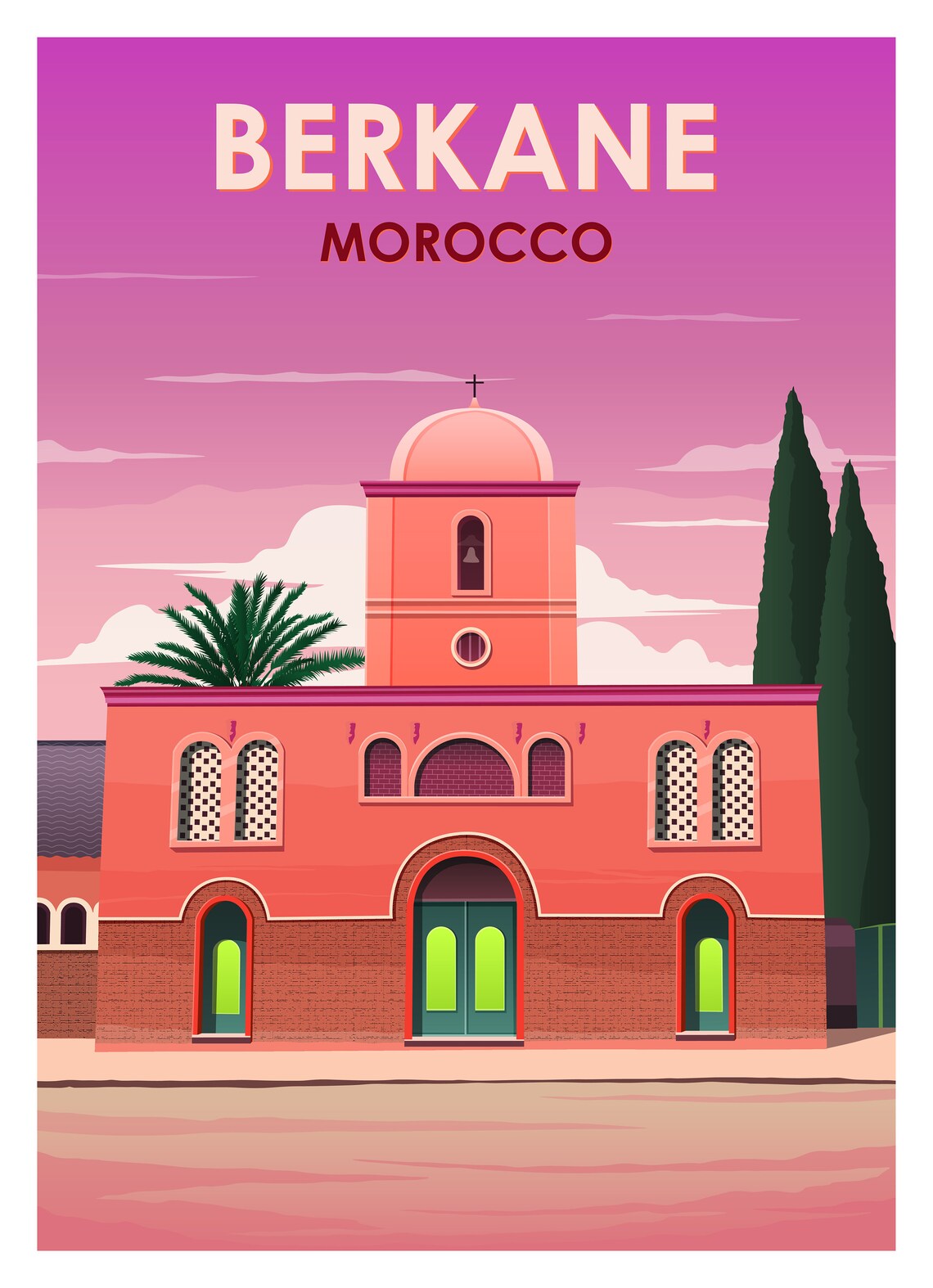 Berkane Morocco Vintage Travel Poster Pink Church Facade Art - Image 2