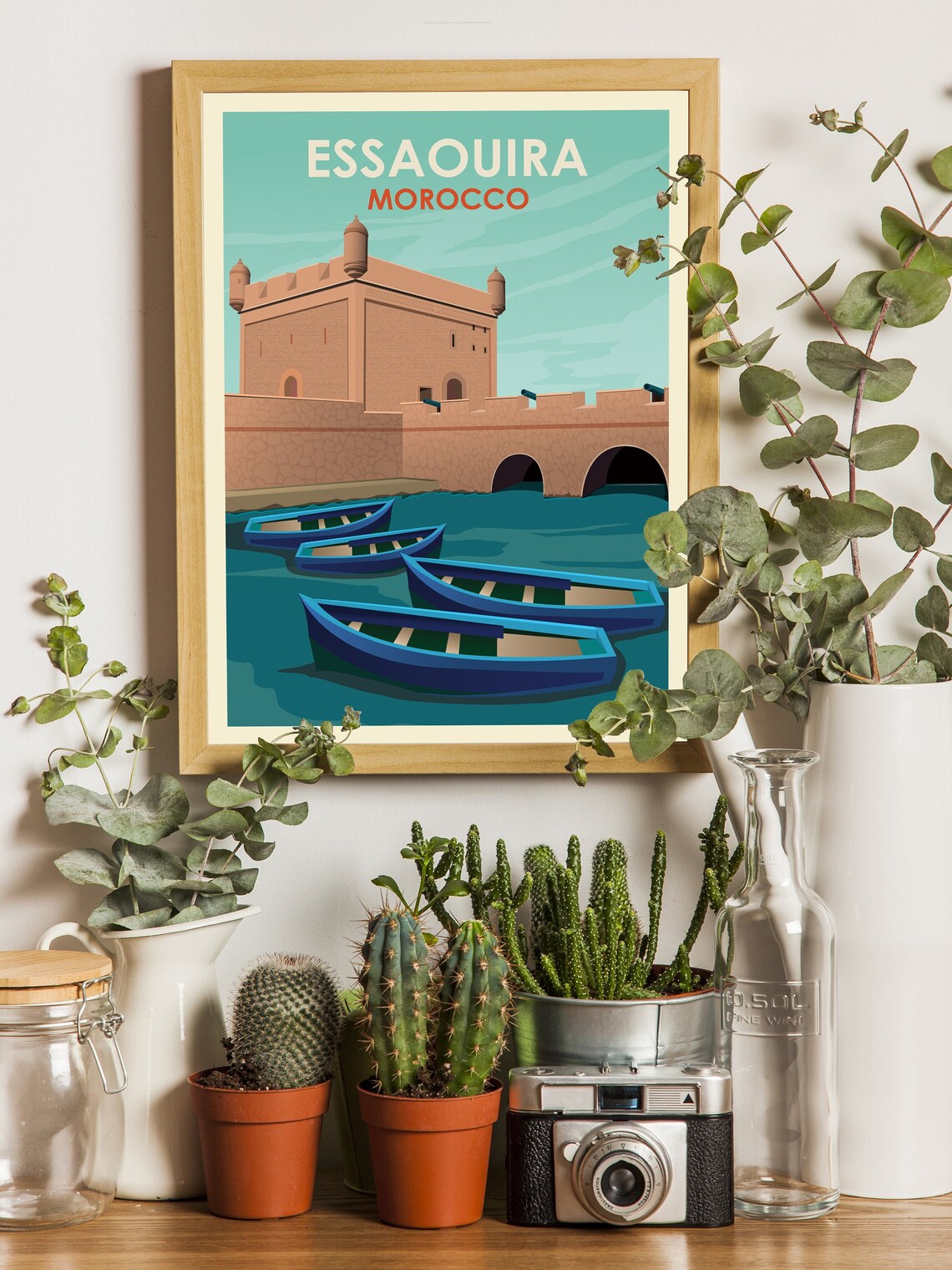 Essaouira Morocco Vintage Travel Poster with Blue Boats and Fort - Image 2