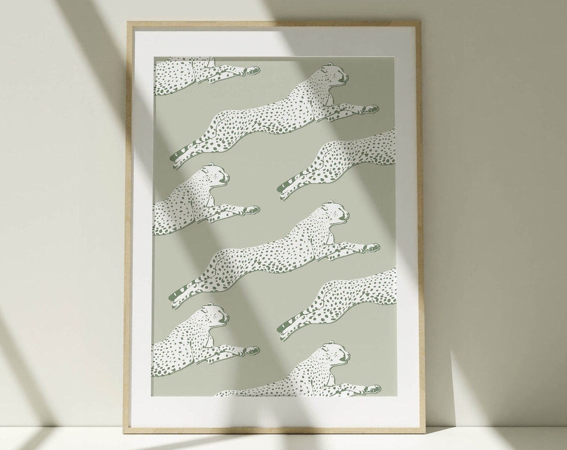 Sage Green Leaping Leopard Pattern Trendy Animal Wall Poster
