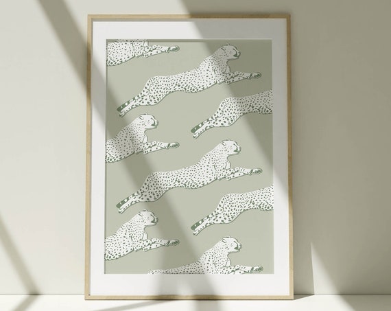 Sage Green Leaping Leopard Pattern Trendy Animal Wall Poster