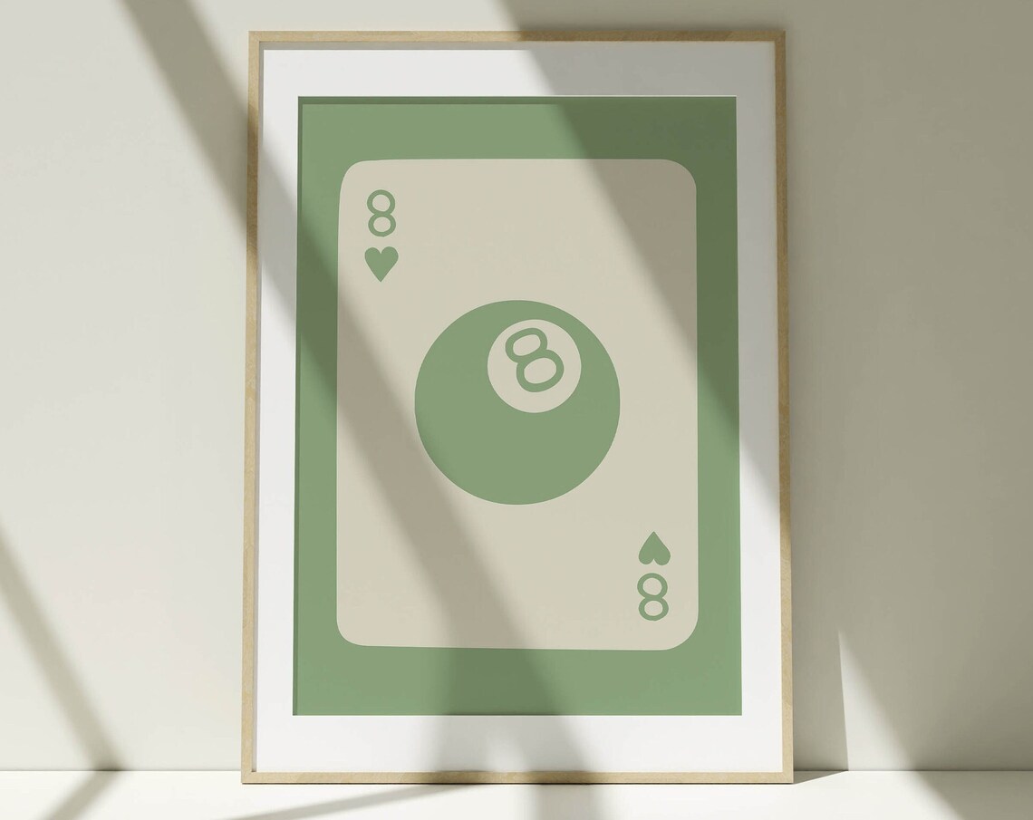 Sage Green 8 Ball Eight of Hearts Minimalist Playing Card Poster