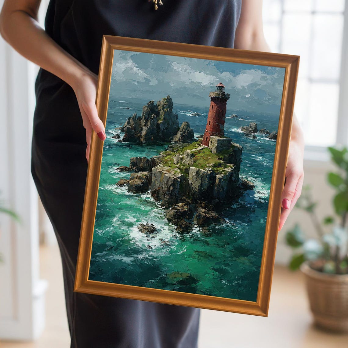 Red Lighthouse on Rocky Island Dramatic Coastal Oil Painting Poster