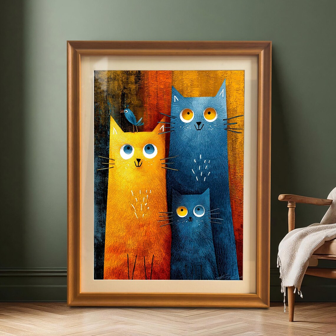 Whimsical Cat Family Folk Art Portrait Colorful Feline Poster