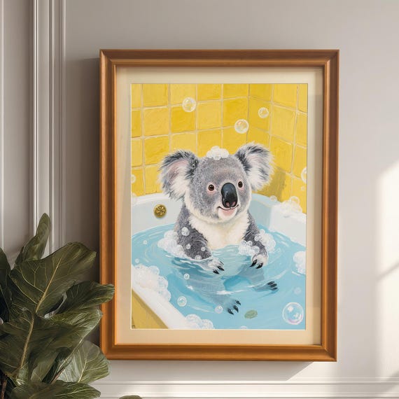 Adorable Koala In A Bathtub Wall Art Print Wooden Frame Poster