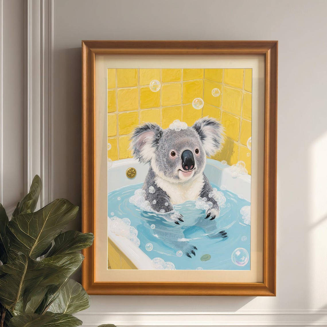 Adorable Koala In A Bathtub Wall Art Print Wooden Frame Poster