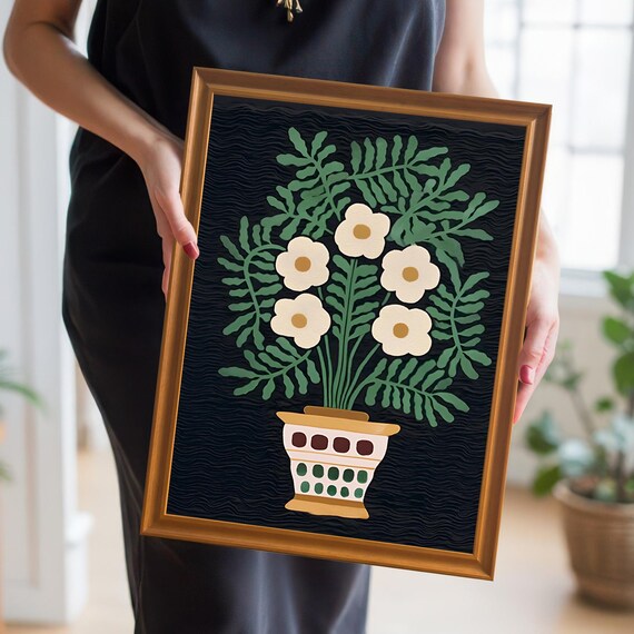 Charming Folk Art White Daisies in a Dotted Pot on Black Poster