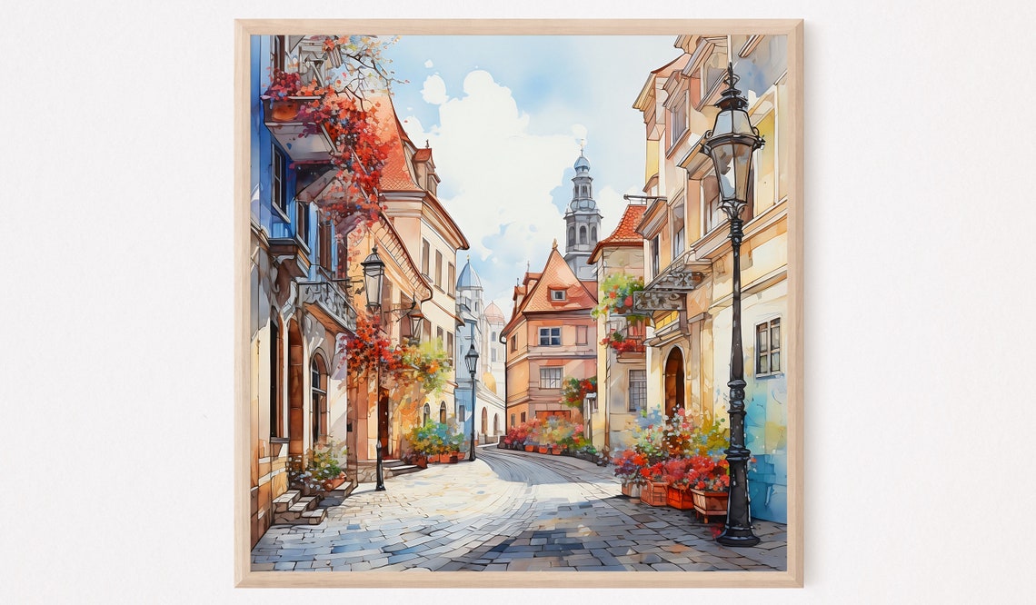 Prague Old Town Cobblestone Street Watercolor Flowers Art Print