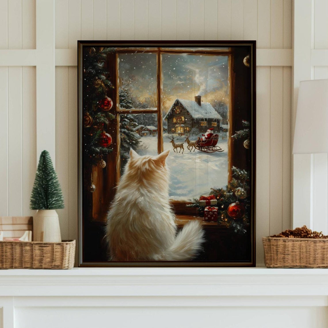 White Fluffy Cat Watching Santa Sleigh Through a Snowy Window Poster