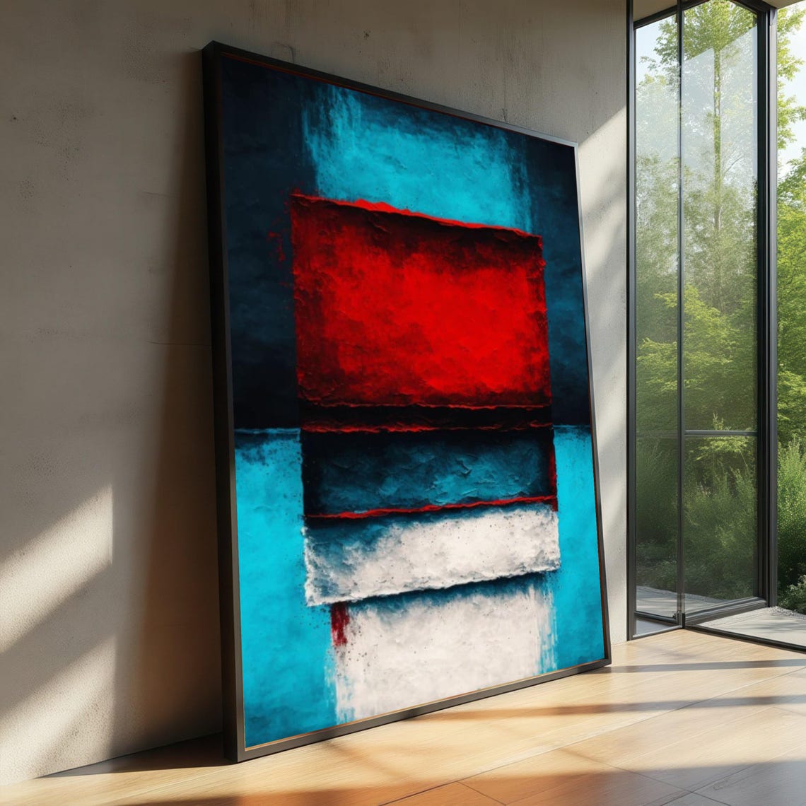 Bold Geometric Abstract Canvas Wall Art Modern Red Blue White Texture Contemporary Home Decor Ready To Hang