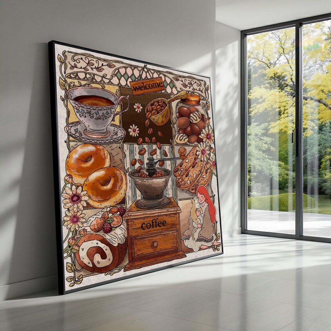 Cozy Coffee Morning Scene Vintage Grinder Art Print