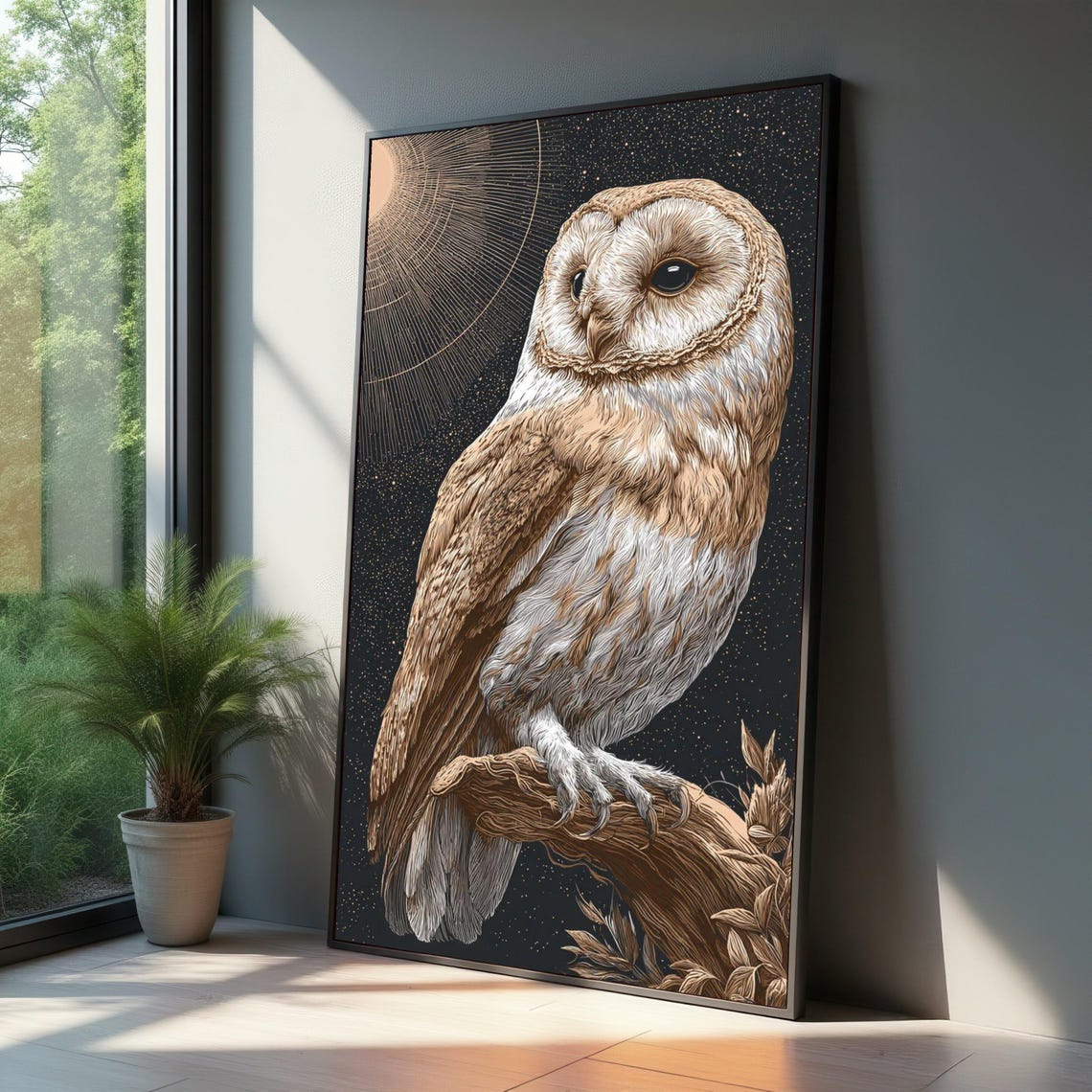 Barn Owl Starry Night Sky Detailed Copper Wildlife Portrait Poster