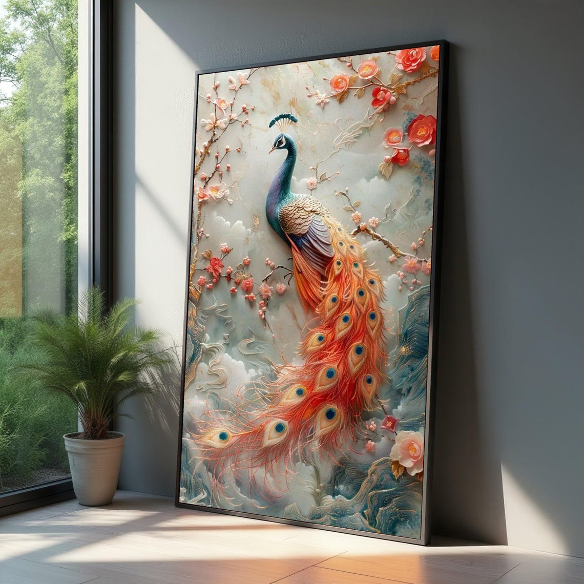 Fiery Peacock with Cherry Blossoms Textured Floral Bird Wall Art
