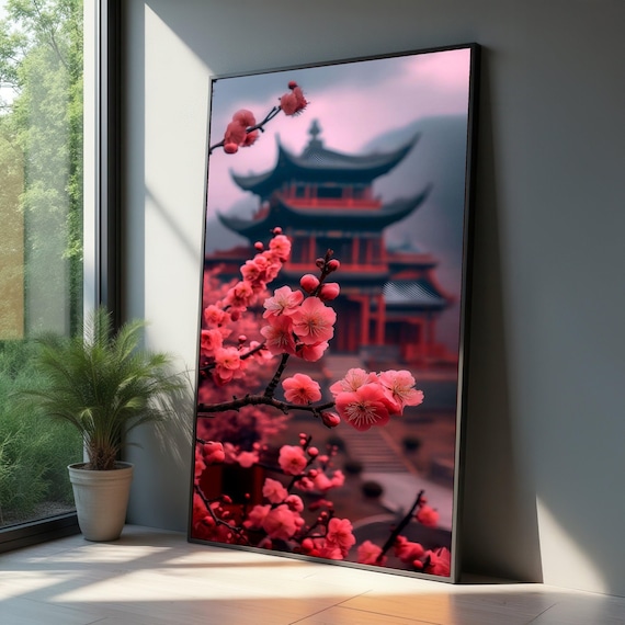 Cherry Blossom Pink Pagoda Asian Temple Spring Floral Art Poster