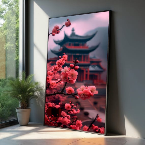 Vibrant Cherry Blossom Canvas Asian Temple Wall Art Pink Floral Nature Spring Decoration Oriental Garden Scene