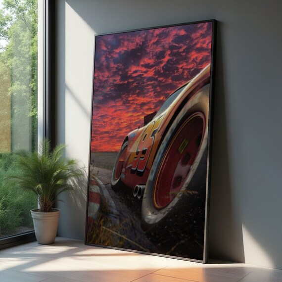 Red Racing Car Canvas Number 95 Speed Wall Art Sunset Sky Motorsport Dynamic Auto Ready To Hang Home Decoration