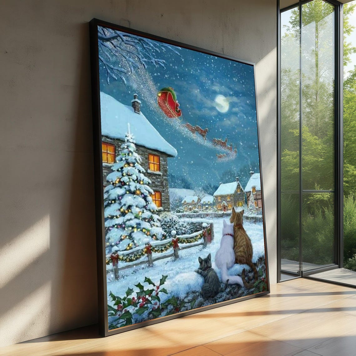 Christmas Eve Cats Watching Santa Sleigh Snowy Village Poster