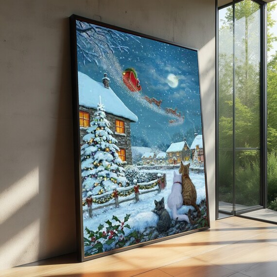 Christmas Eve Cats Watching Santa Sleigh Snowy Village Poster