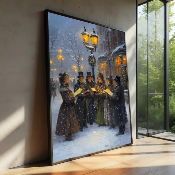 Victorian Christmas Carolers Snowy Street Lanterns Festive Art Poster