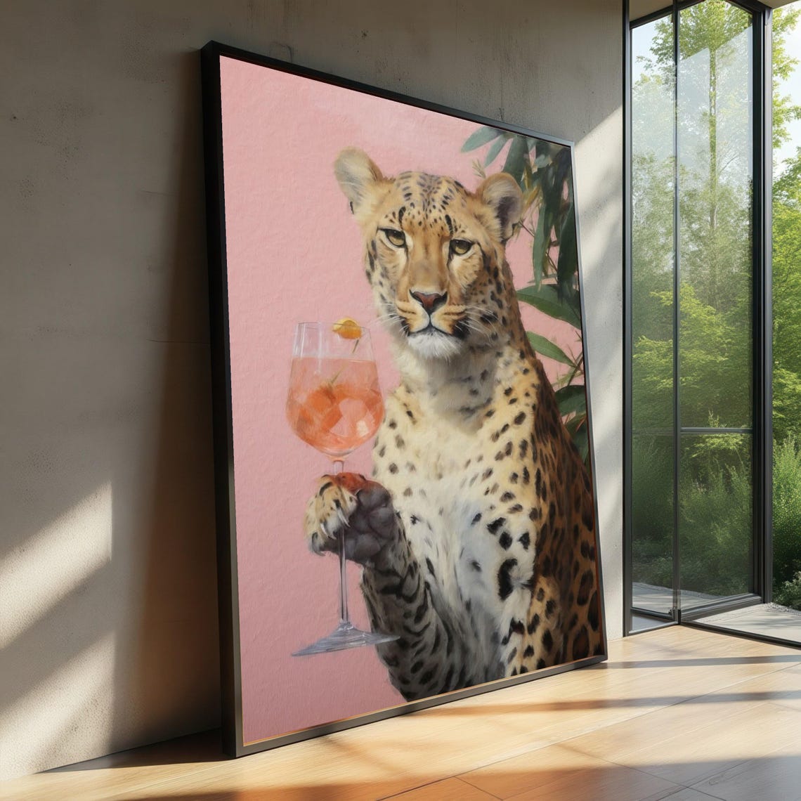 Cheeky Cheetah Holding Cocktail Pink Background Fun Animal Poster